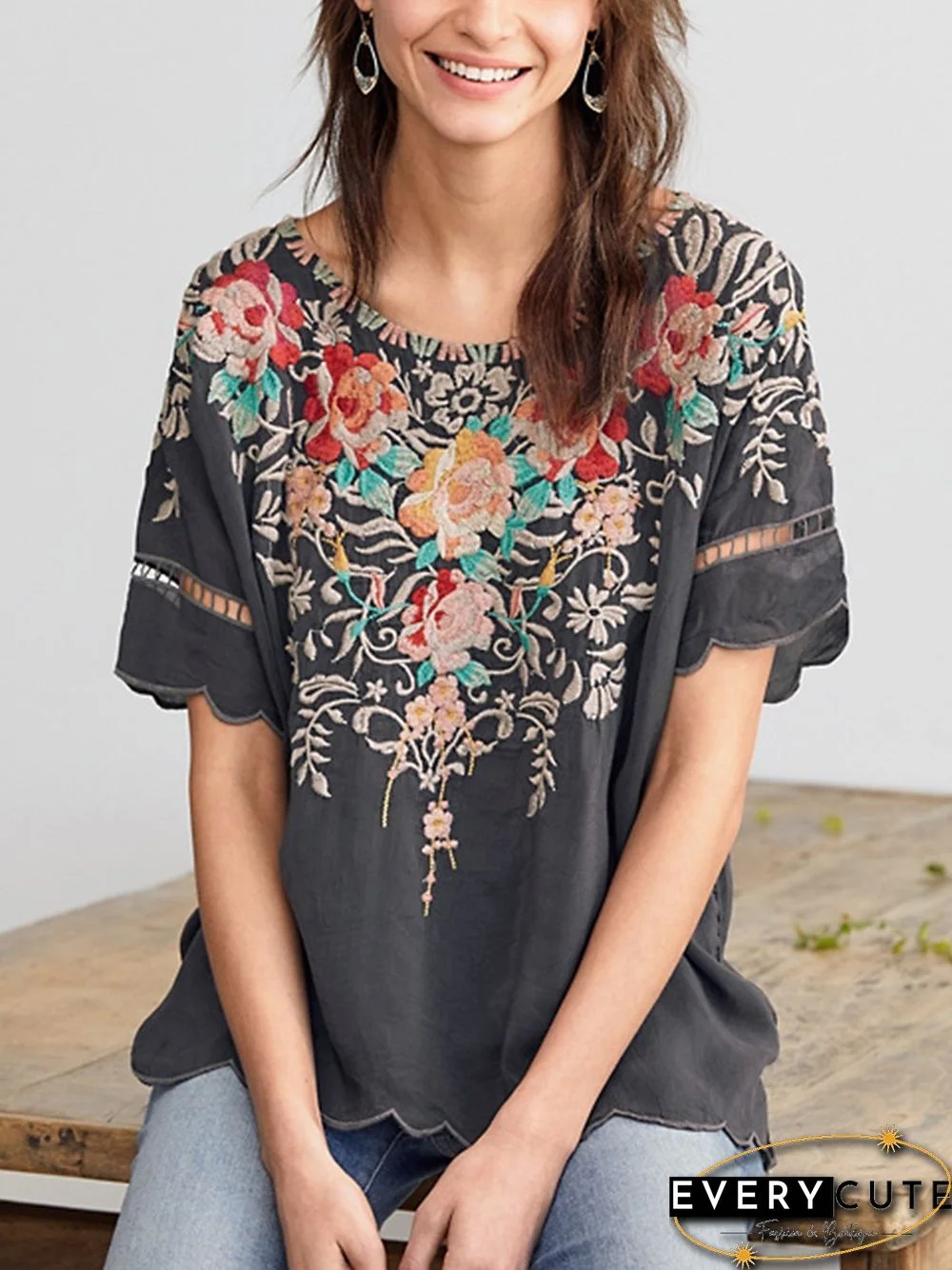 Round Neck Floral Casual Short Sleeve Summer T-shirt