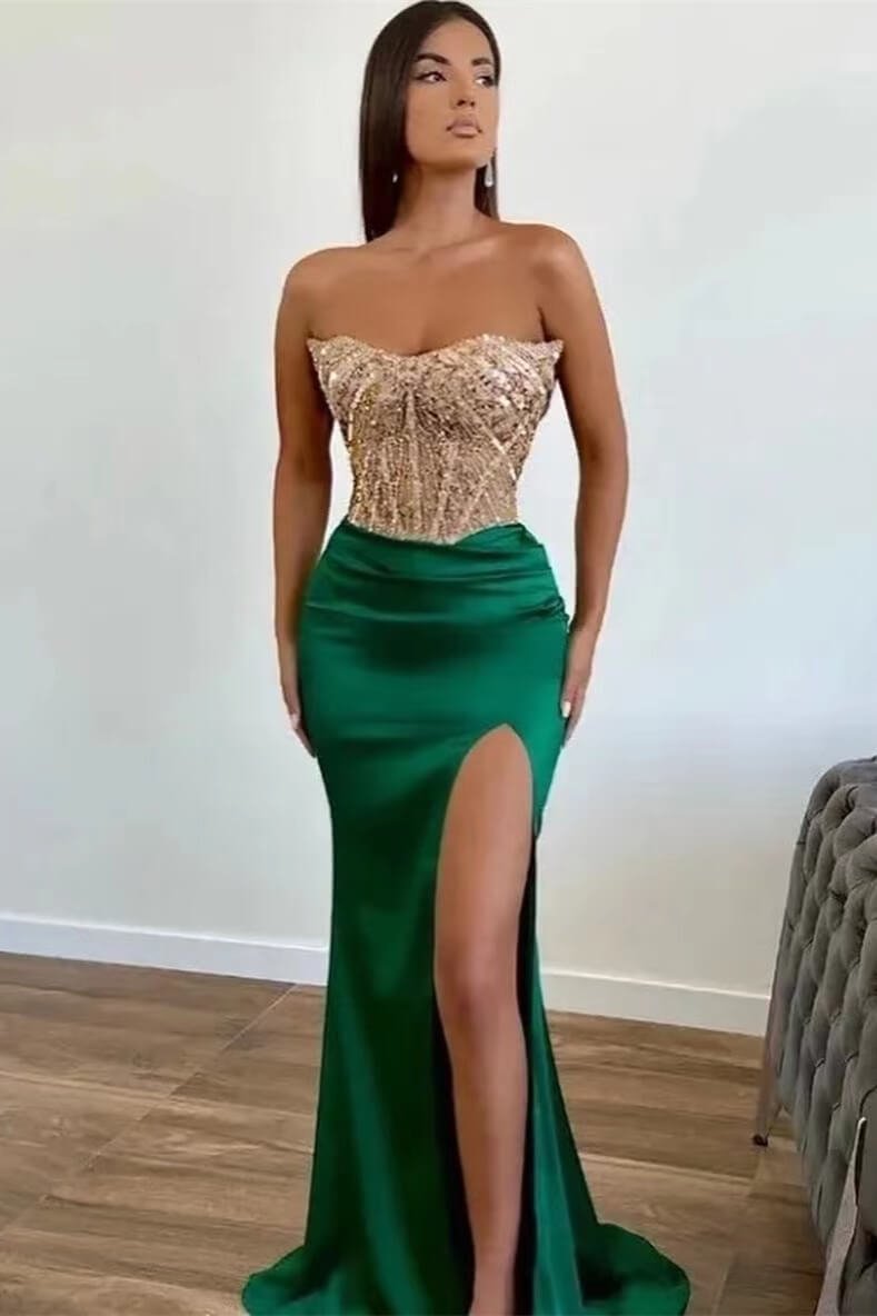 trägerlos Grün mit Perlen Meerjungfrau Ballkleid mit Schlitz mit Applikation ED0125 Lunass