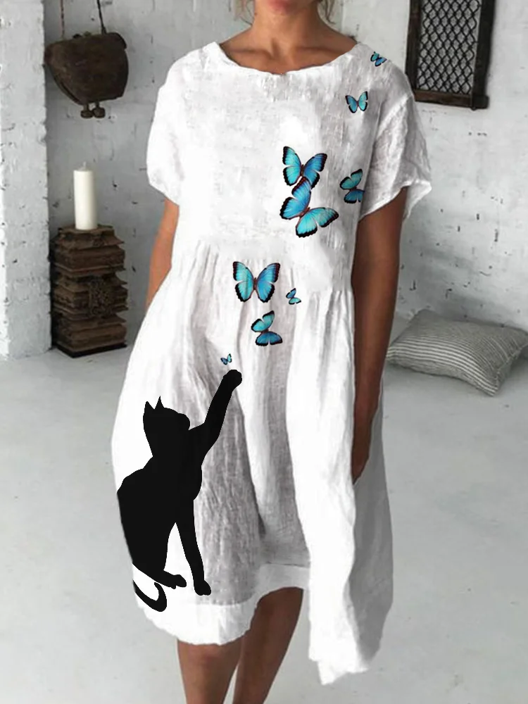 Black Cat & Butterflies Art Flowy Midi Dress