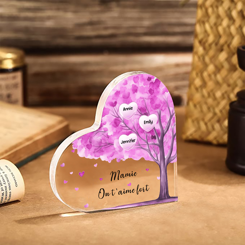 À ma Maman/Mamie - Plaque Acrylique Arbre en Forme de Cœur 3 Prénoms Personnalisés avec 1 Texte