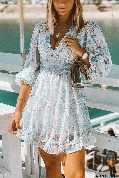 Print V Neck Backless Mini Dress