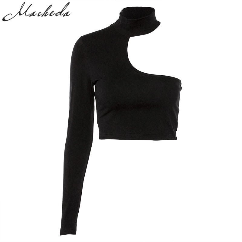 Macheda 2018 Fashion Black White Crop Top One Shoulder Strapless Long Sleeve T-Shirt Women's Solid Tops Casual Vest T-shirts