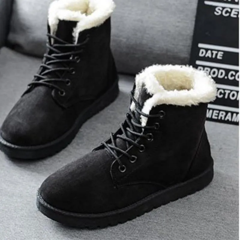 Women Snow Boots Flat Lace Up Winter Plus Size Platform Ladies Warm Shoes 2021 New Flock Fur Women's Suede Ankle Boots Female 1109