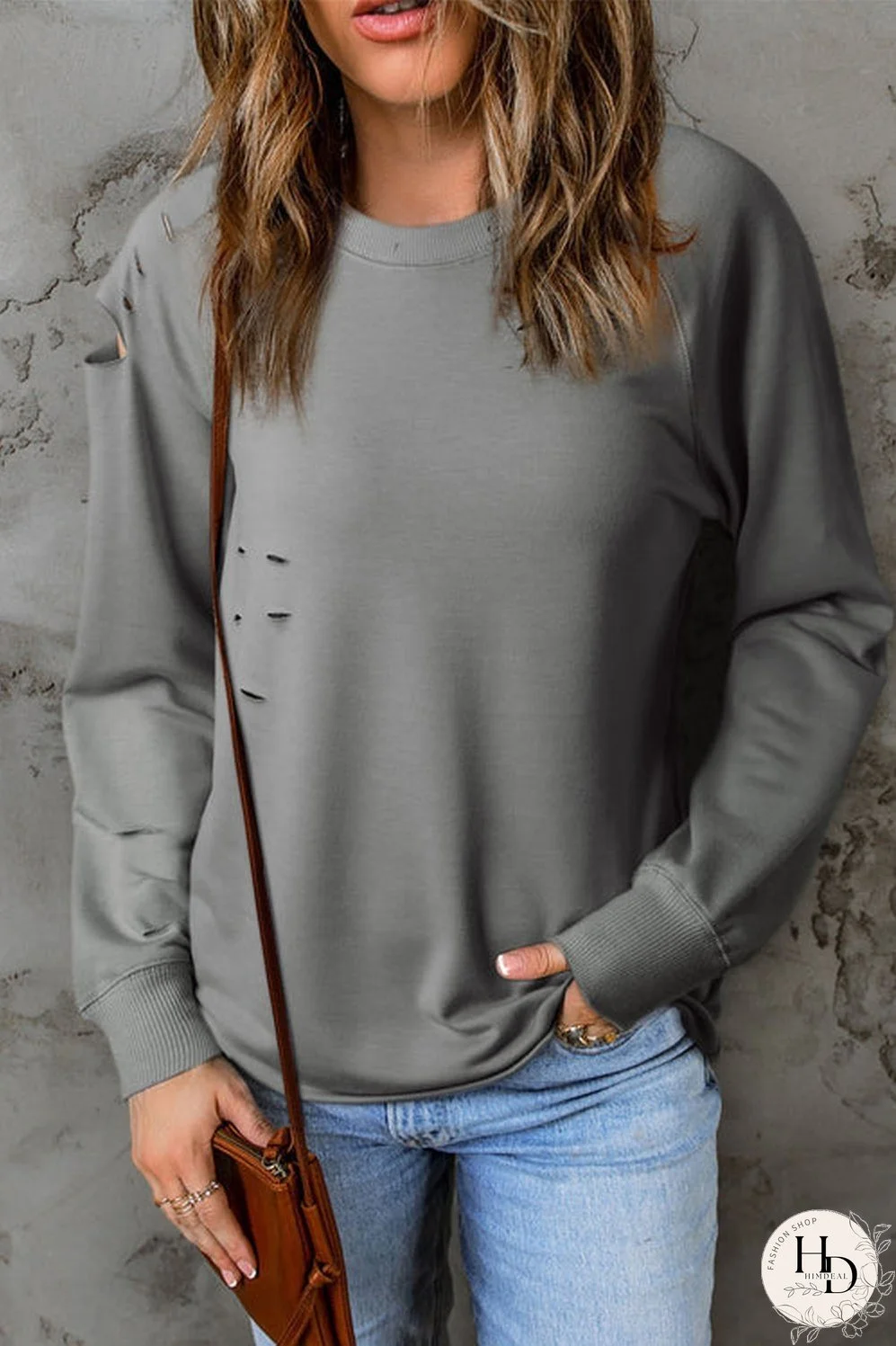 Distressed Long Raglan Sleeve Top