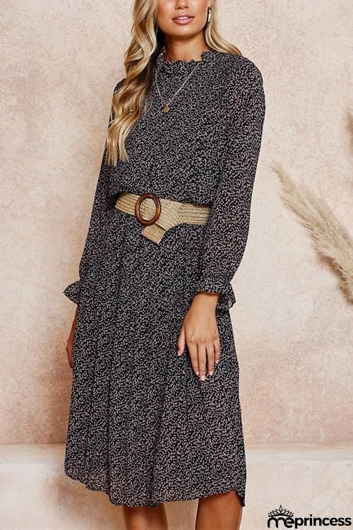 Print Pleated Long Sleeve Dress