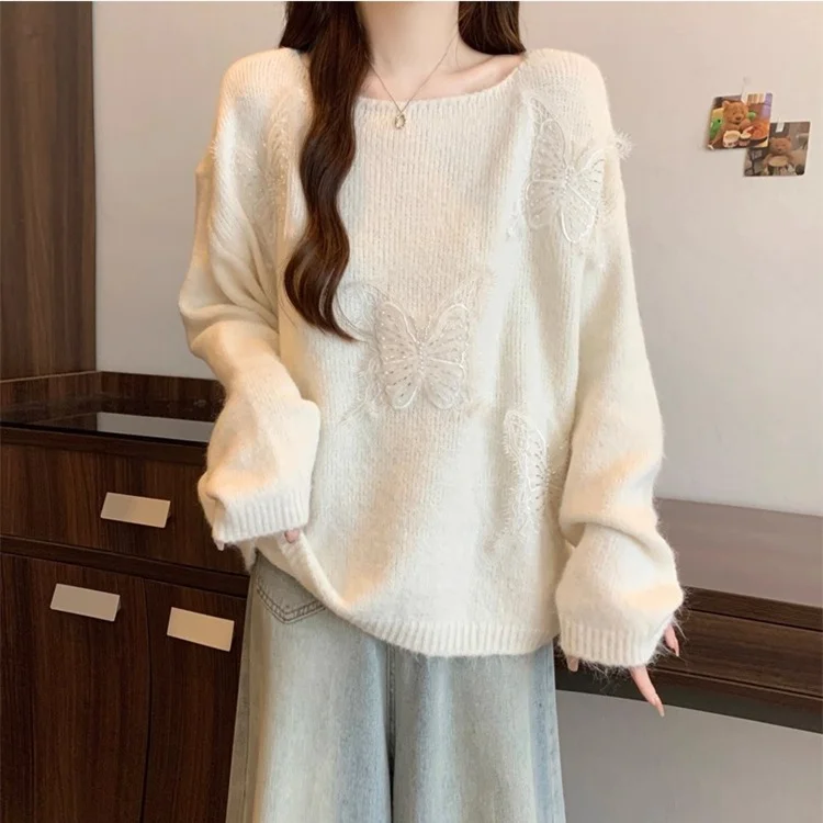 Athvotar Athvotar Three-Dimensional Butterfly Knitted Shirt Lazy Spring And Autumn Collar High-End Sweater Top New Spring And Autumn Winter