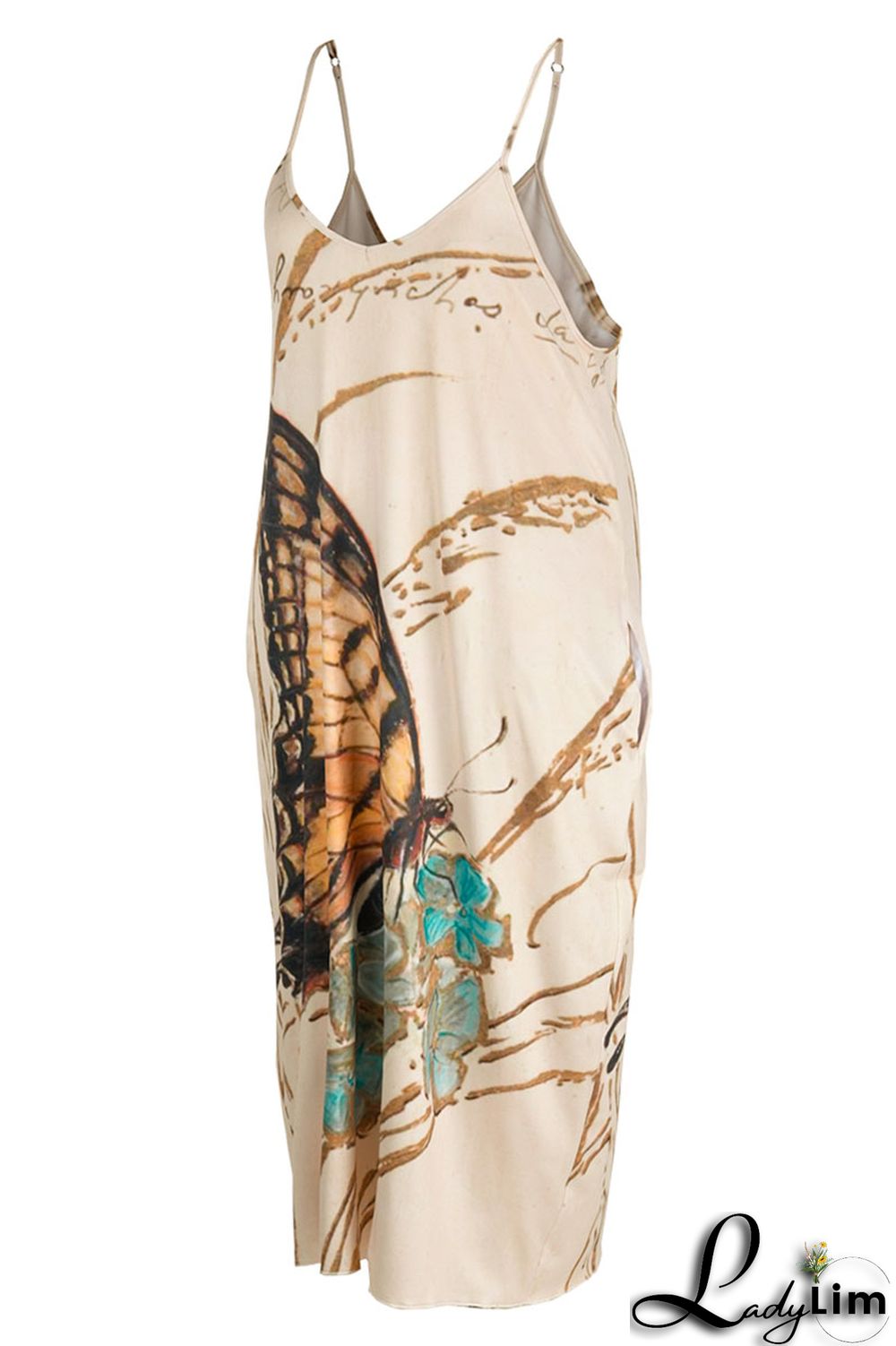 Apricot Sexy Casual Plus Size Butterfly Print Backless Spaghetti Strap Long Dress