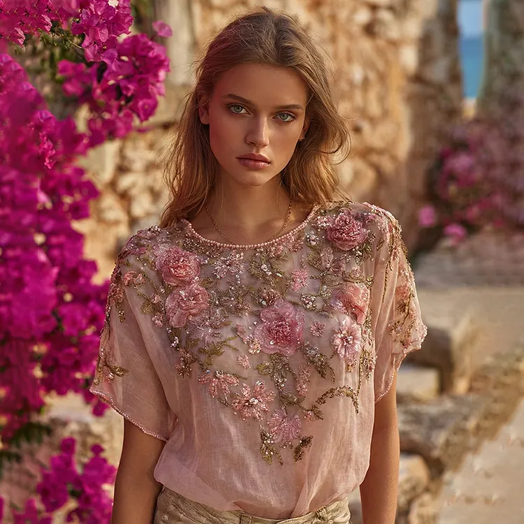 Vintage Boho Pink Roses Embroidered Art Flowy Linen Short Sleeves T-shirt