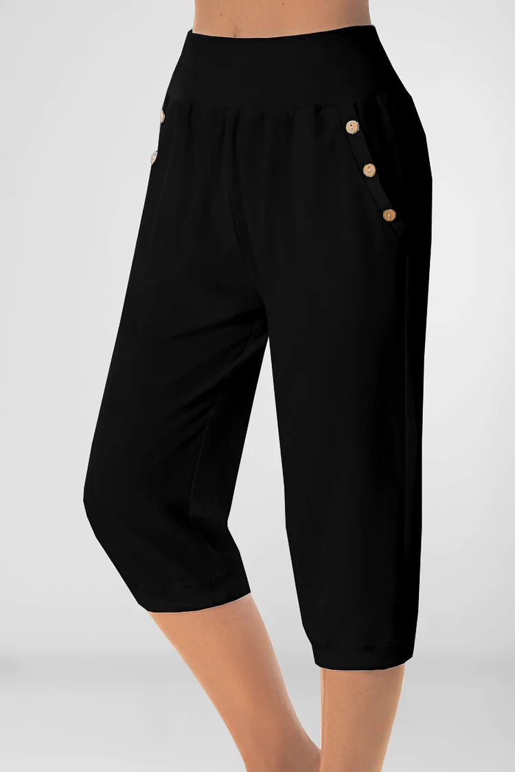 Flycurvy Plus Size Casual Black Pocket Decorative Button Capris Pants  Flycurvy [product_label]