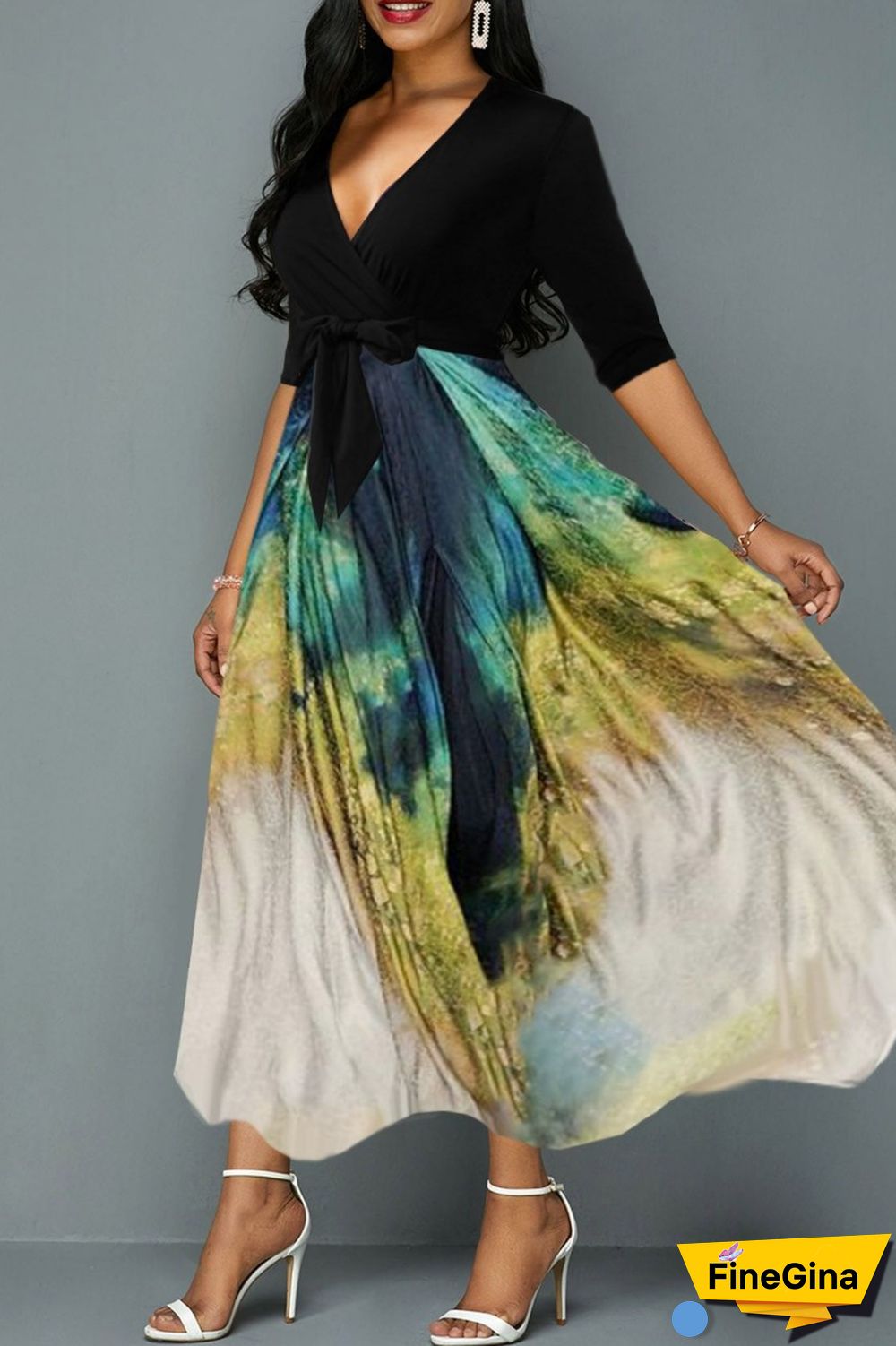 Colour Casual Print Patchwork V Neck Long Dress Dresses