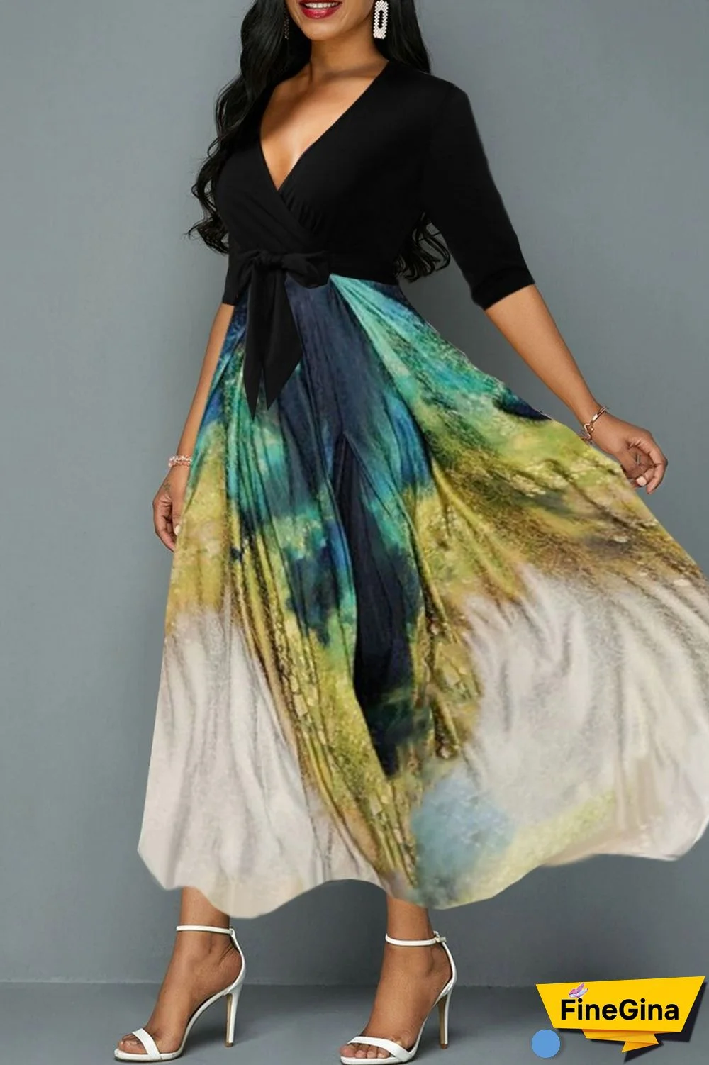 Colour Casual Print Patchwork V Neck Long Dress Dresses