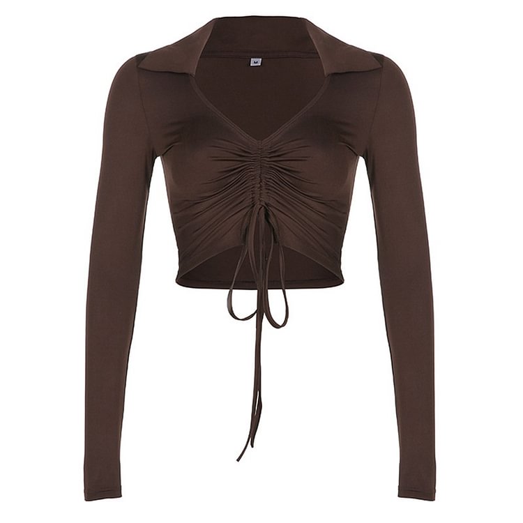 Sexy Women Low Cut Cropped Tops Autumn Long Sleeve Lapel Neck Drawstring Tees Solid Color Casual Party Fall Spring Tops