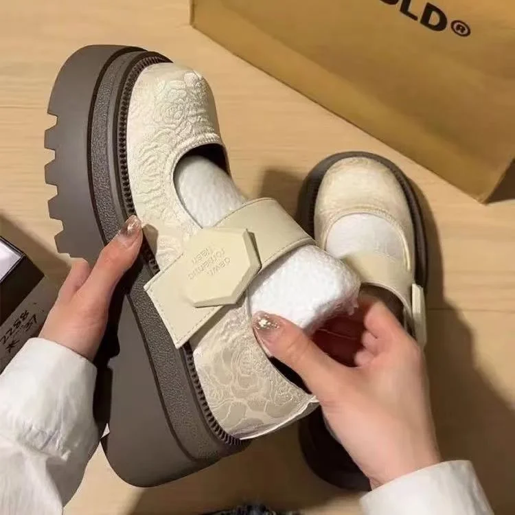 Yyvonne Jane Women's Shoes Spring And Autumn High-End Feel Magic Sticker Lefu Shoes Small Leather Shoes New Chinese Embroidery National Style Thick Sole Single Shoe