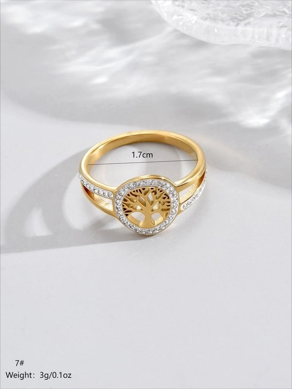 Elegant Commute Life Tree 304 Stainless Steel Rhinestones 14K Gold Plated Plating Hollow Out Inlay Rings