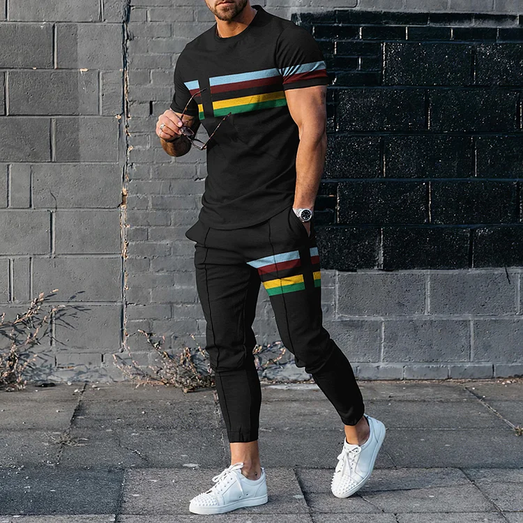 BrosWear Trendy Multicolor Stripes Short Sleeve T-Shirt  And Pants Co-Ord