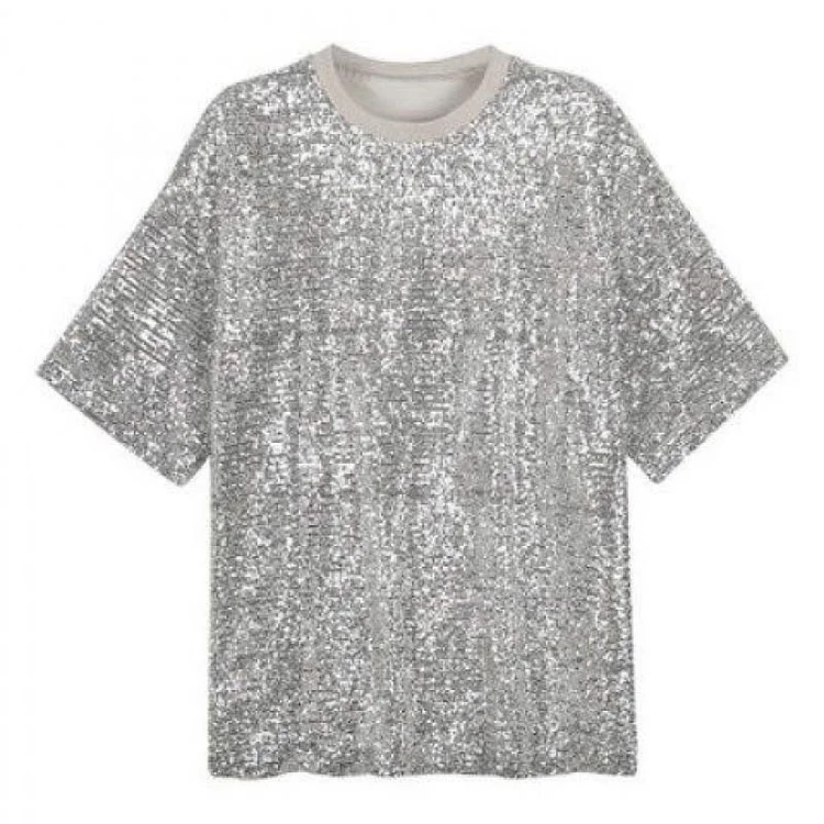 Sequin Round Neck Loose T-Shirt - Modakawa Modakawa