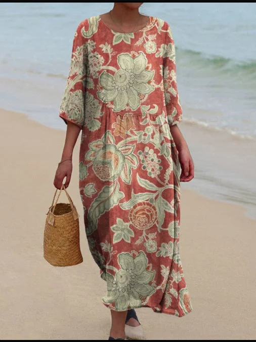 Women's 3/4 Sleeve Scoop Neck Graphic Printed Midi Dress