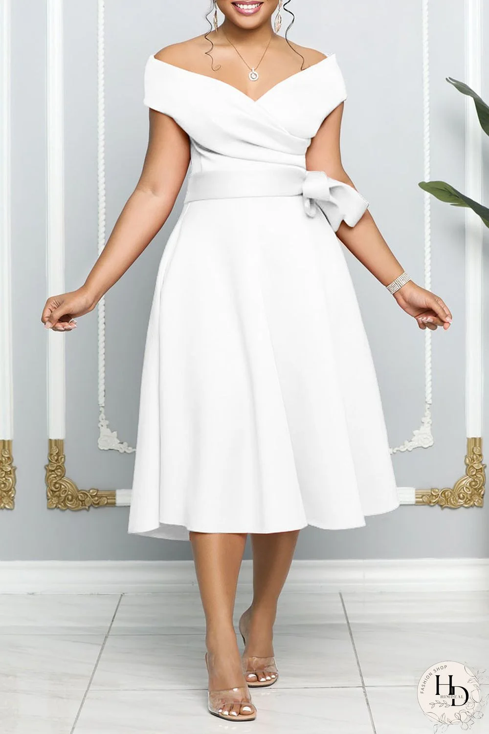 White Elegant Solid Patchwork Off the Shoulder A Line Dresses