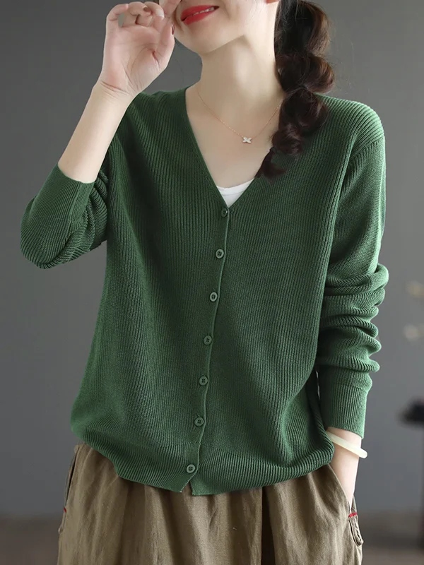 Long Sleeves Loose Solid Color V-Neck Cardigan Tops