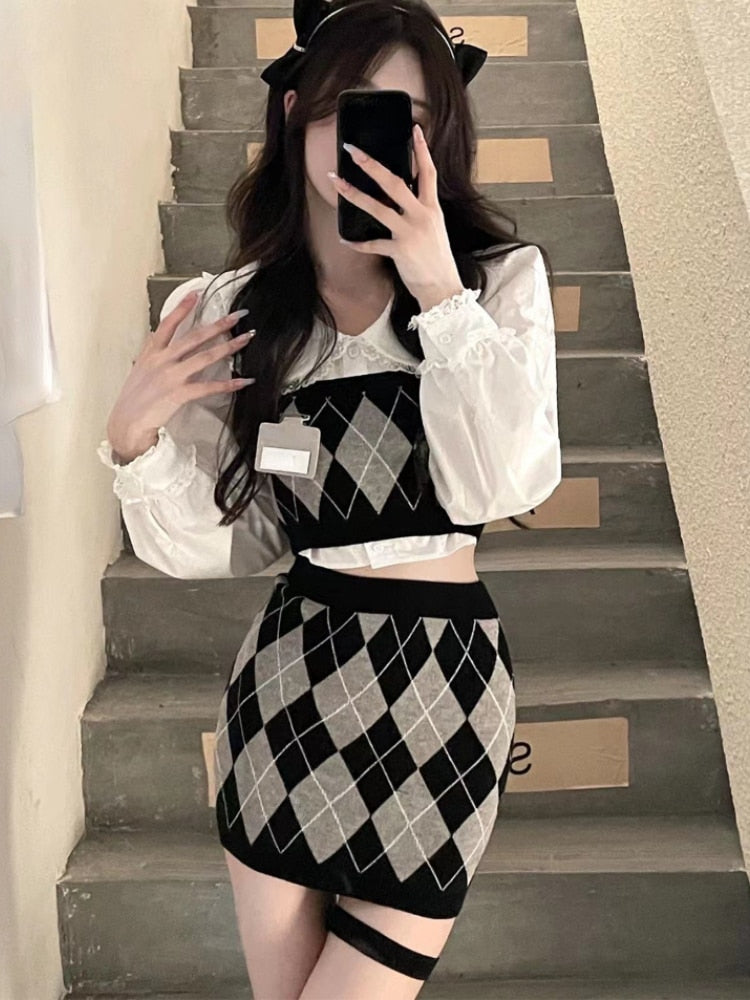 Llyge Looksparty Llyge Preppy Style Plaid Knitted Suits Women 2 Piece Dress Set + White Blouse Knit Dress Korea Fashion 2024 Autumn Kawaii Y2k Clothes llyge