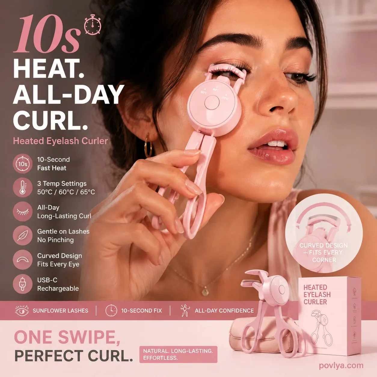 Heated eyelash curler lifestyle image for lifted lashes and everyday beauty routine