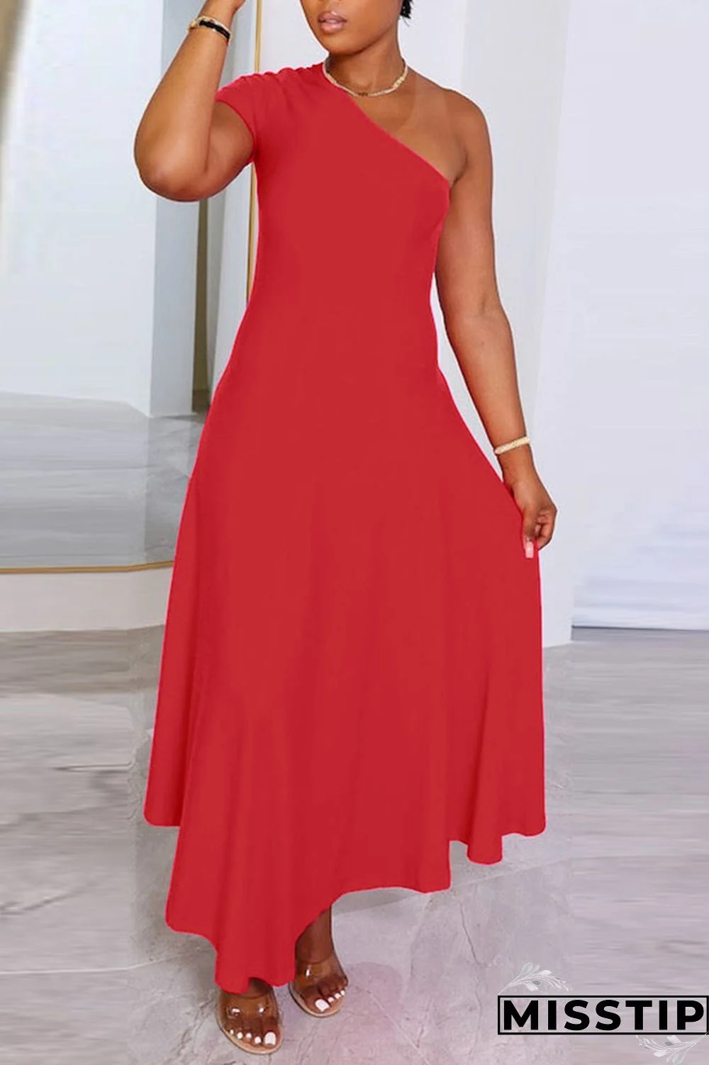 Khaki Casual Solid Patchwork Oblique Collar A Line Dresses