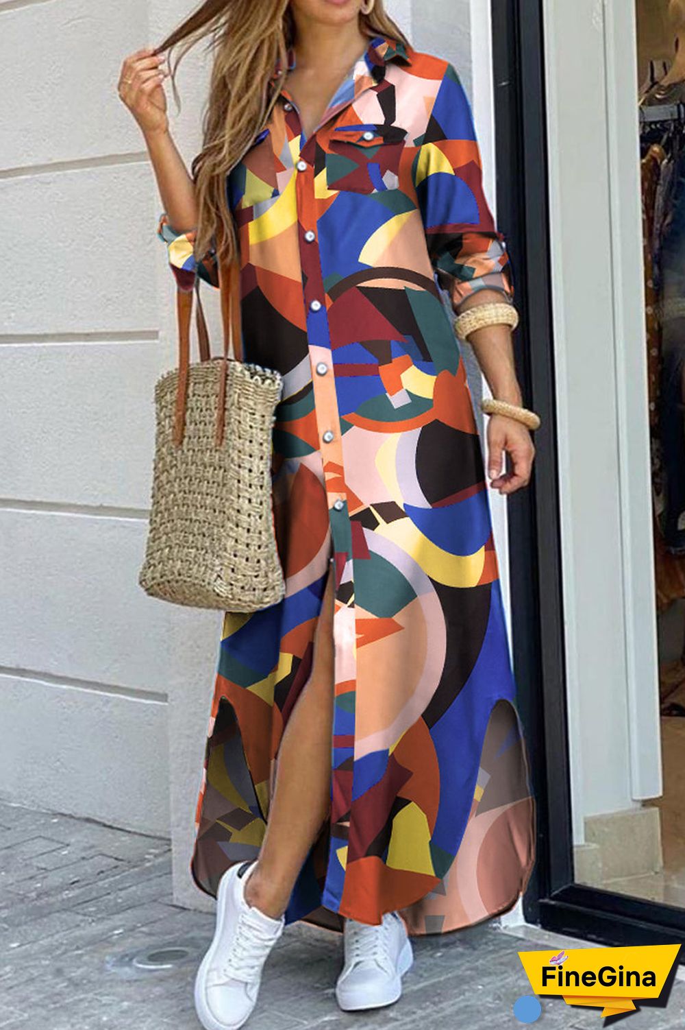 Geometric Printed Side Slit Shirt Dress