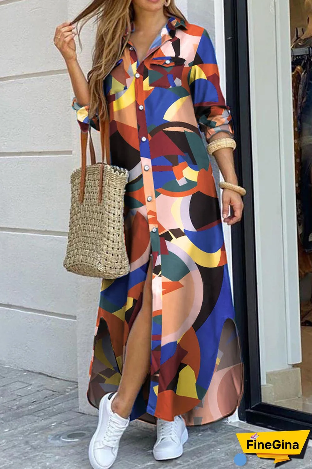 Geometric Printed Side Slit Shirt Dress