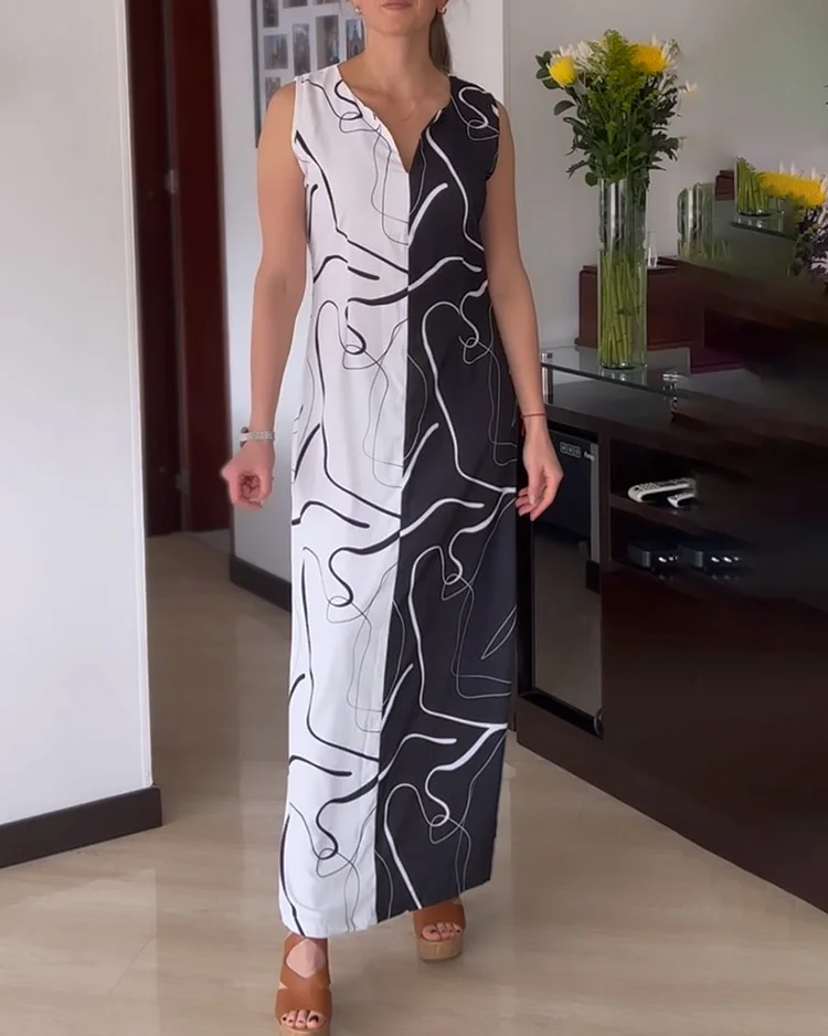 Black And White Color Blocking V-neck Dress