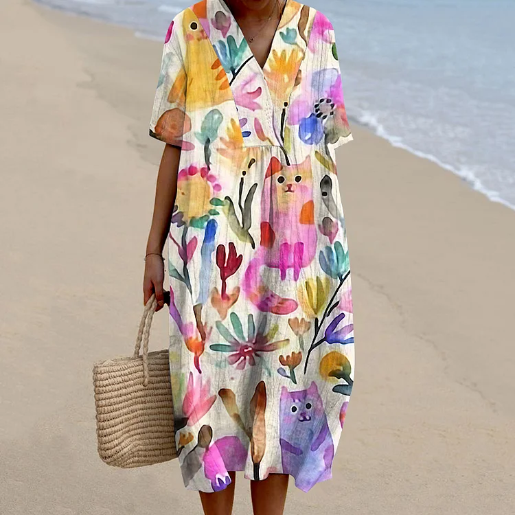 VChics Women's Colorful Floral And Cat Art Dress