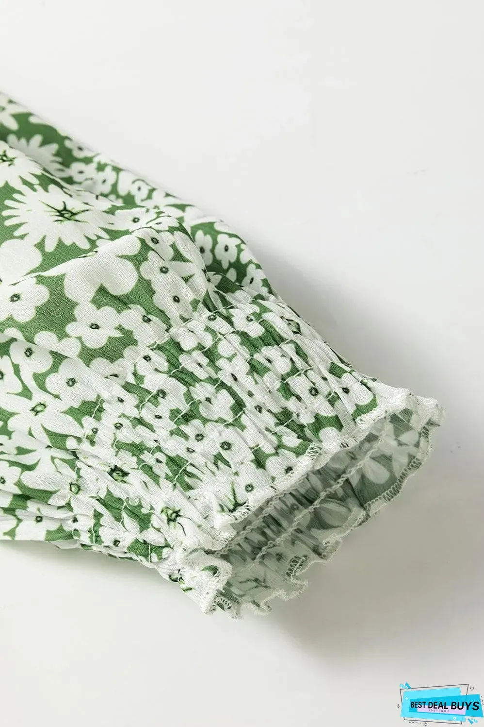 Green Floral Print Square Neck Shirred Waist Tiered Ruffled Mini Dress