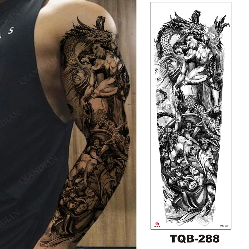 Sdrawing Arm Temporary Tattoo Wolf Lion Fish Horns Geometric Man Body Leg Rose Flower Phoenix Waterproof Sticker Cool Women Tatoo