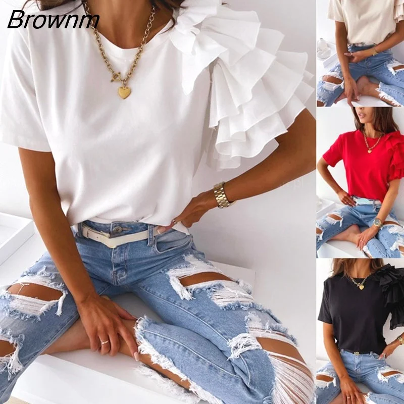 Brownm Fashion New Summer Simple Ruffle Short-sleeved Round Neck Ladies T-shirt Women's Casual Office Tops Soild Color