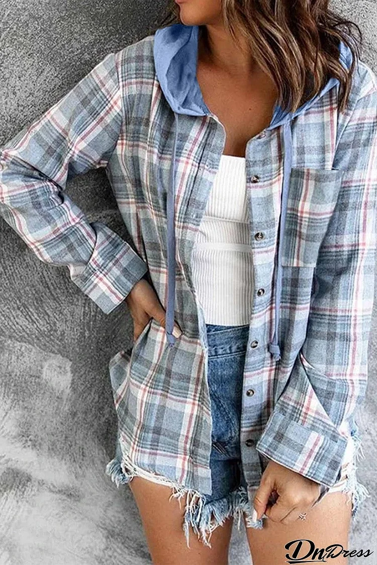 Sky Blue Plaid Hooded Jacket