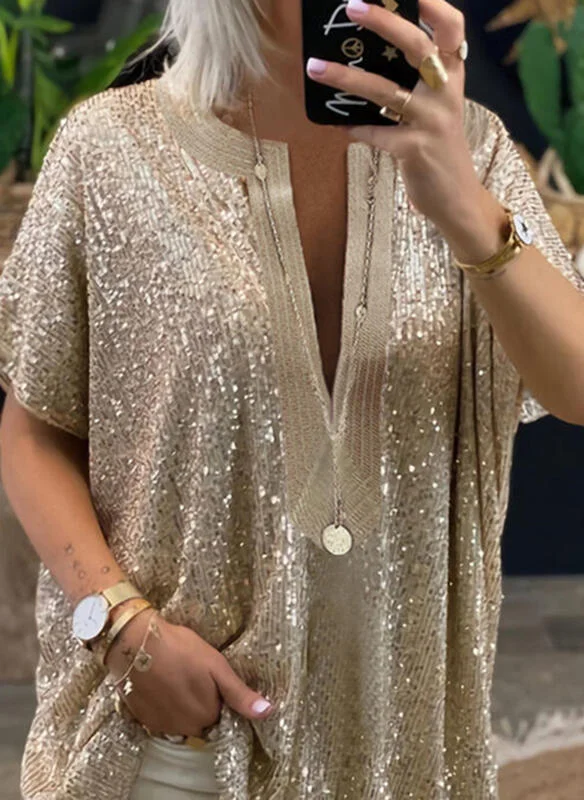 Uveng Hipster Loose Sequins V-neck Short Sleeve Casual Shirt