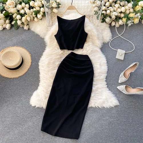Toloer Summer Women Black/White Two Piece Set Vintage O-Neck Sleeveless Camis + High Waist Draped Midi Skirt Casual Suit New Fashion