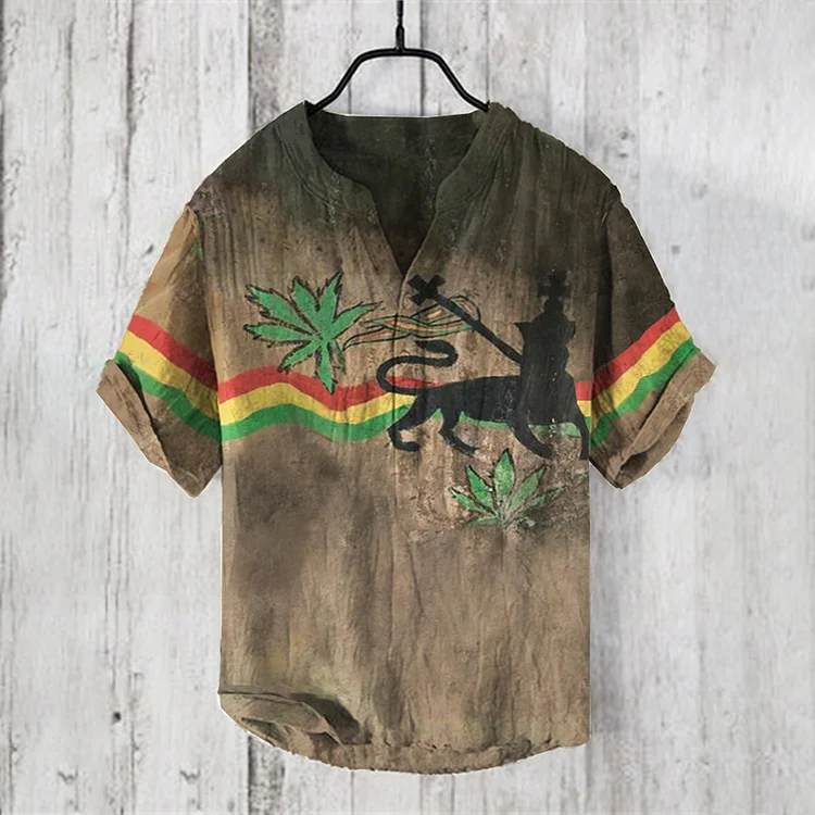 Men's Retro Lion Reggae Graffiti Art  Linen Blend Shirt