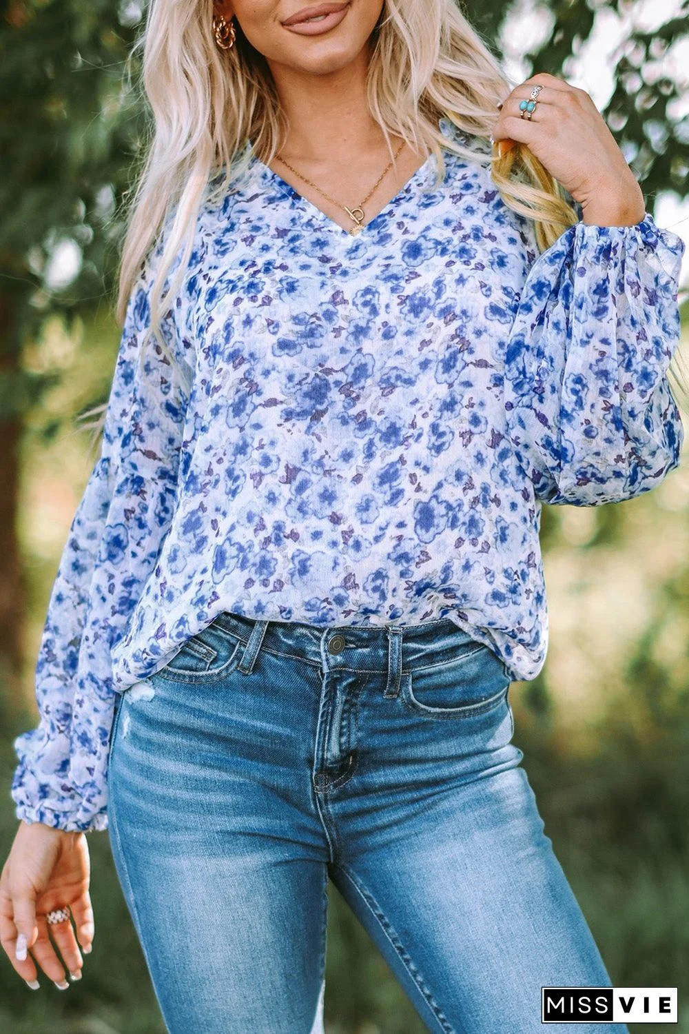 Floral Print V Neck Long Puff Sleeve Top