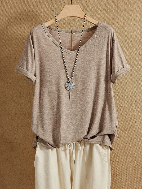 V-neck Solid Casual Short Sleeve T-shirt
