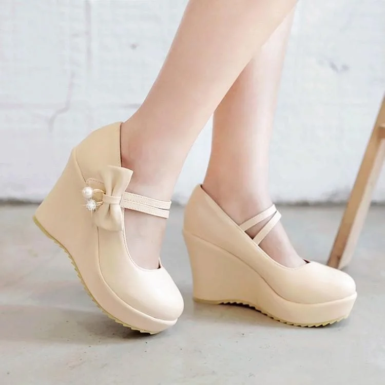 4 Colors Twin Strap Bow Wedge Velcro Heels Shoes SP179057