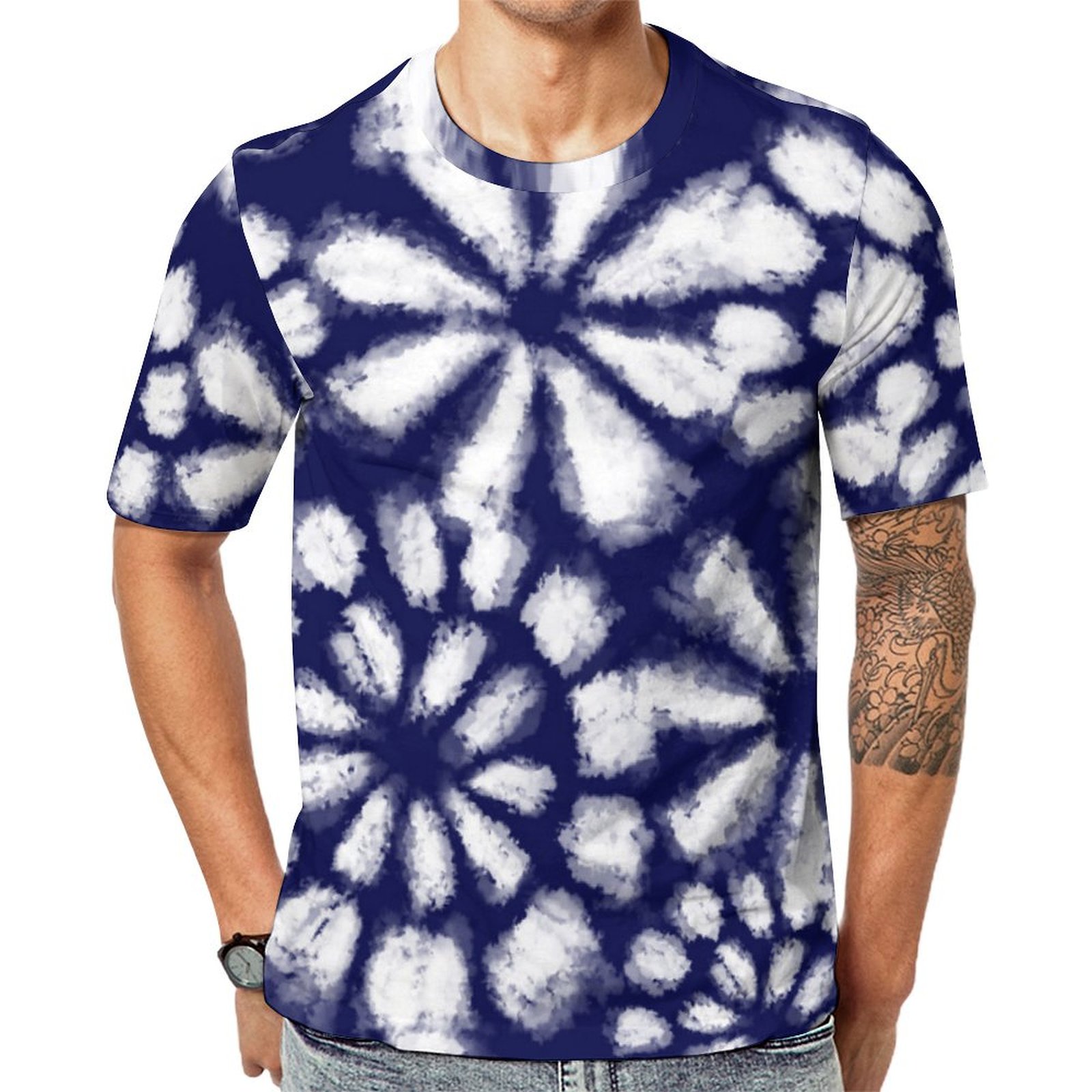 Indigo Japanese Shibori Tie Dye Print Double Sided Short Sleeve Print Unisex Tshirt Summer Casual Tees for Men and Women Coolcoshirts