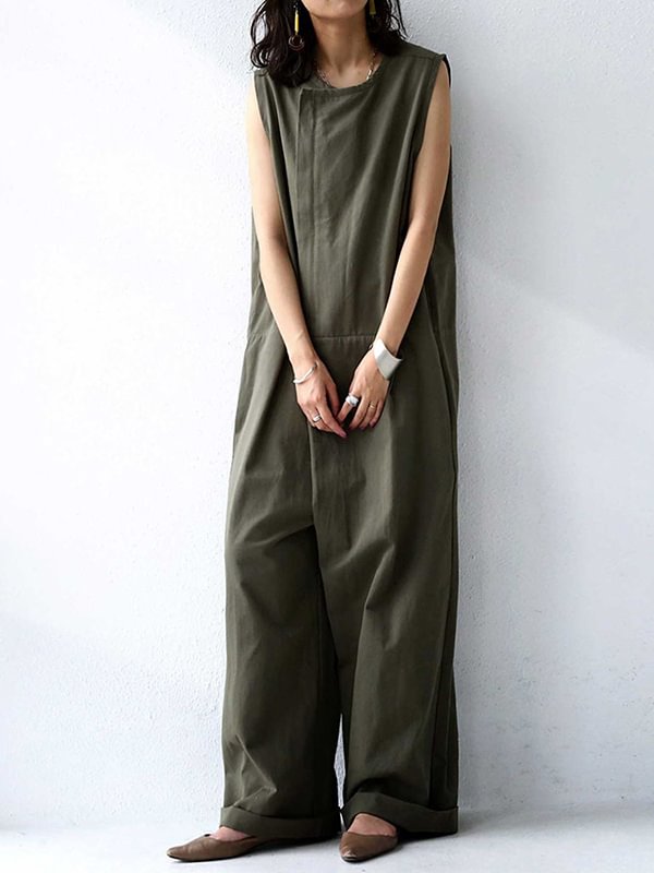 Casual Solid Color Round-Neck Sleeveless Wide Leg Jumpsuits