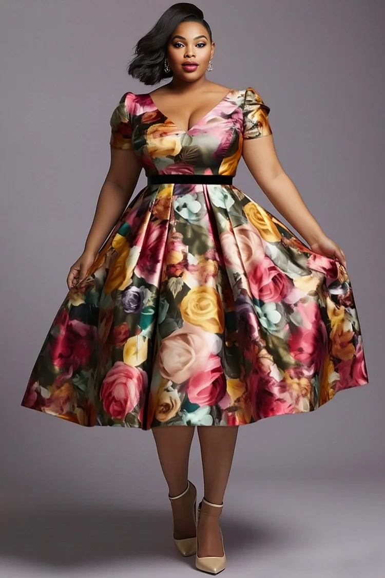 Xpluswear Design Plus Size Wedding Guest Multicolor Floral V Neck Short Sleeve Pocket Vintage Satin Midi Dresses [Pre-Order] 2024 - Xpluswear