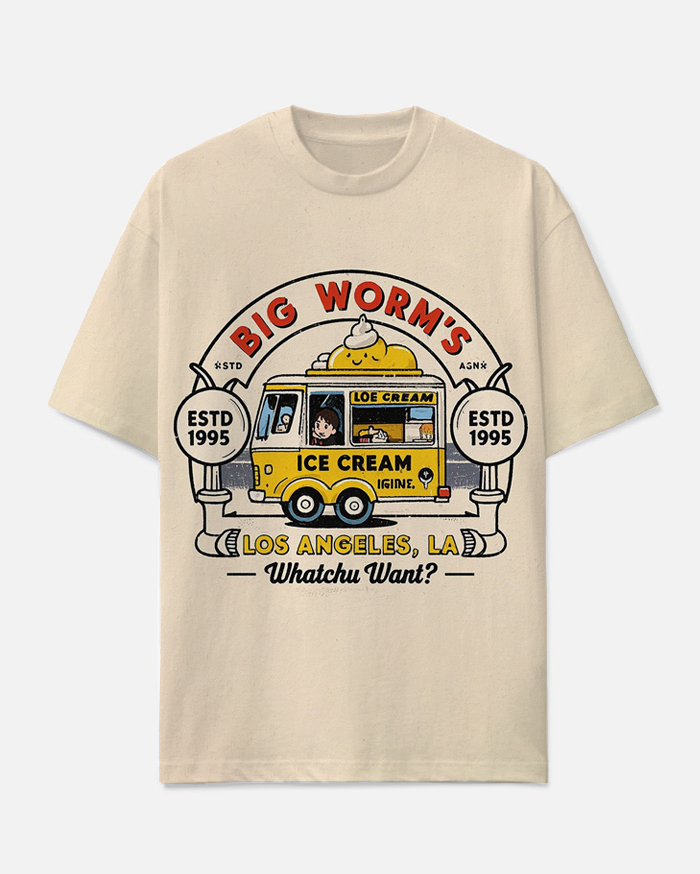 Big Men's Cartoon Ice Cream Car BIG WORM'S Fashion Letter Printed Casual Short Sleeve T-shirt