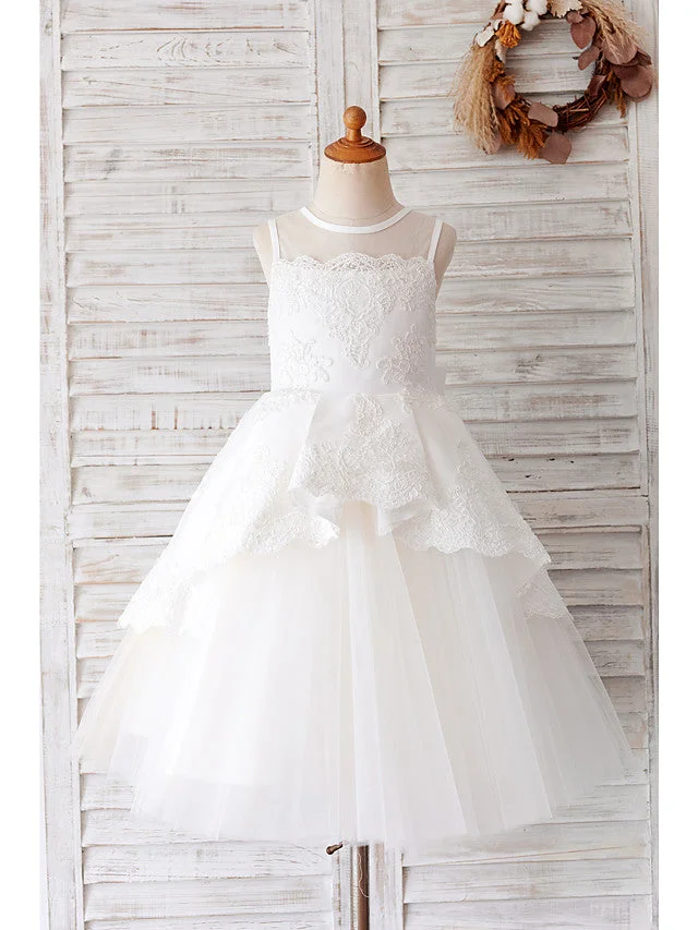 Hellodresses Ball Gown Sleeveless Jewel Neck Flower Girl Dress Lace Tulle With Bow Appliques