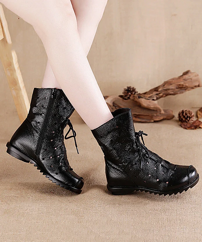 Retro Splicing Boots Black Cowhide Leather Hollow Out