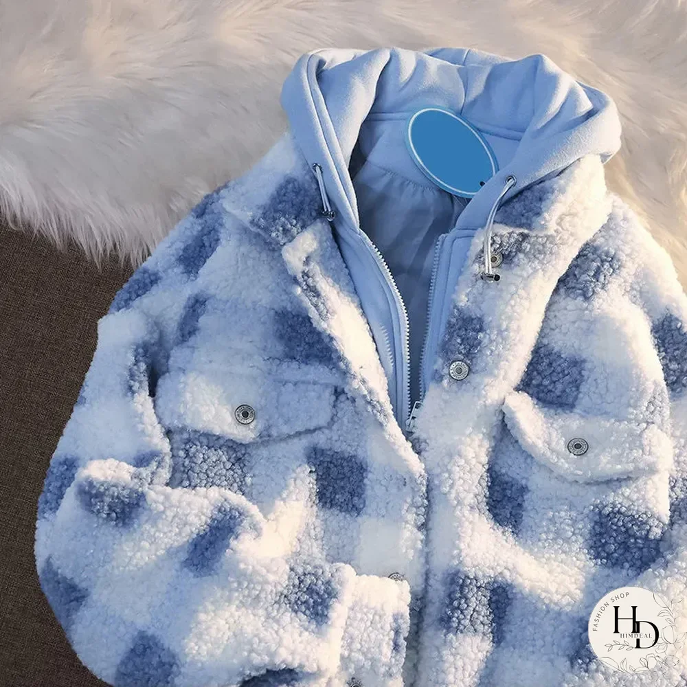 Neutral Check Plush Hooded Jacket