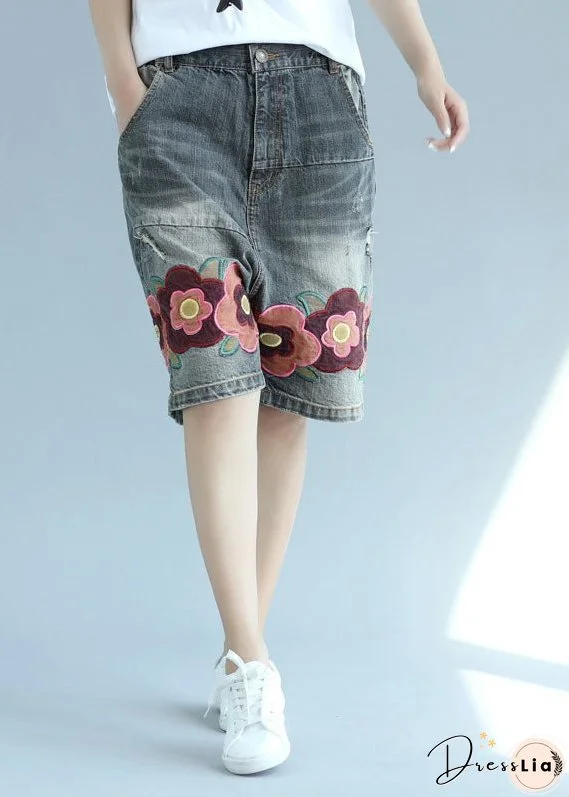 Organic Gray Pockets Patchwork Embroideried Shorts Summer