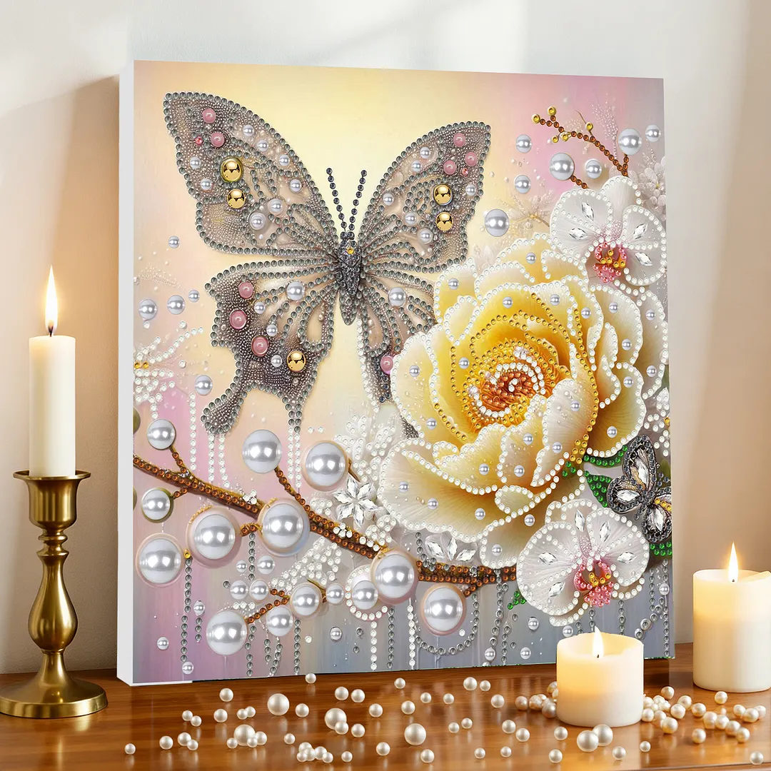 Yellow Butterfly DIY Special Shape Drill Diamond Art Pearl Painting Kit with Frame 25x25cm Art Craft Pearl Diamond Painting for Adults Beginners Home Decor