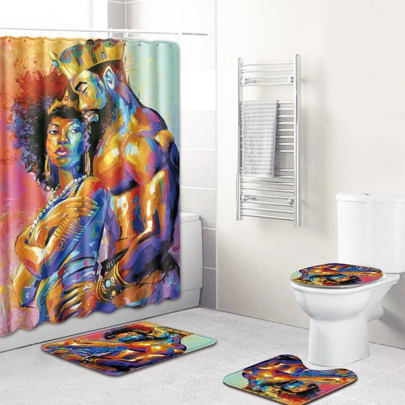 King Queen Couple African Shower Curtain Polyester Fabric Lovers Art Painting Home Decoration Bathroom Curtain Non-slip Bath Mat